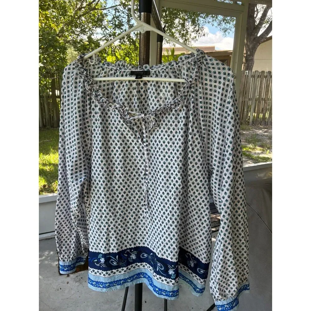 Sz 2X J.Crew 100% Lightweight Cotton Ruffle Neck Tie Blouse Work Career Church